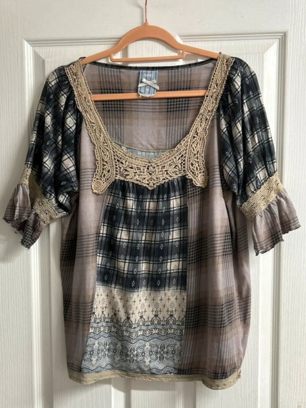 Next Plaid Lace Trim 3/4 Sleeve Blouse